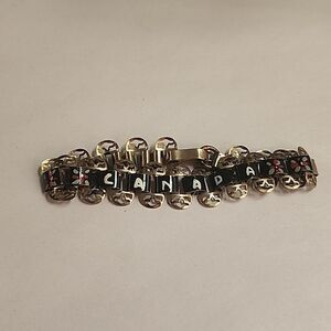 Vintage Canada Souvenir Bracelet Gold Tone Metal Black Paint Folk Art Flowers